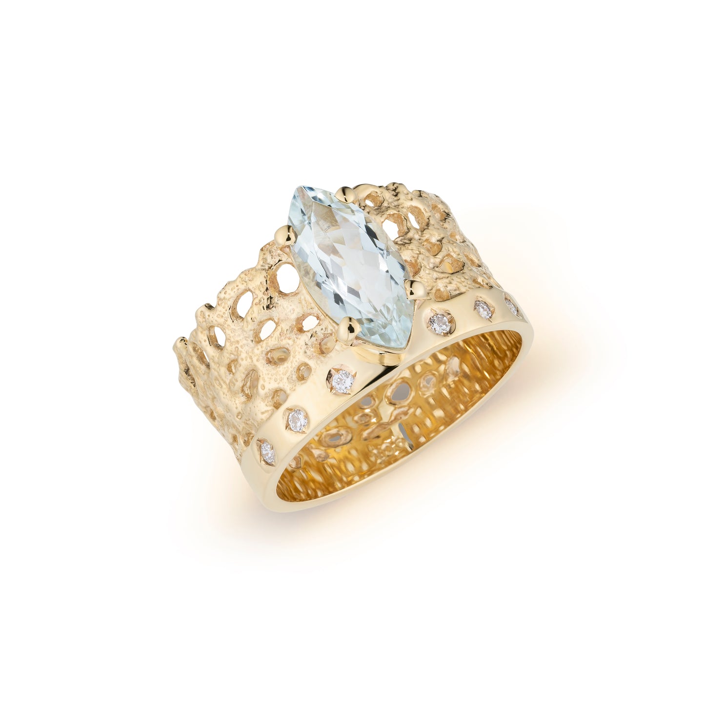 Gold ring with a large blue gemstone on a white background