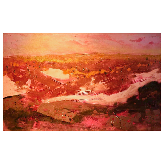 An abstract landscape painting featuring a warm sunset scene with dominant hues of orange, red, pink, and yellow, depicting rolling hills and a river or path with textured brushstrokes.