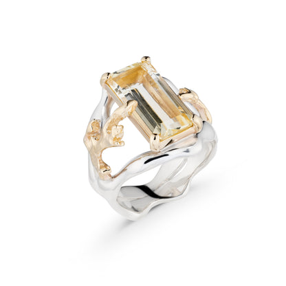 Gold and silver ring with a large rectangular gemstone on a white background