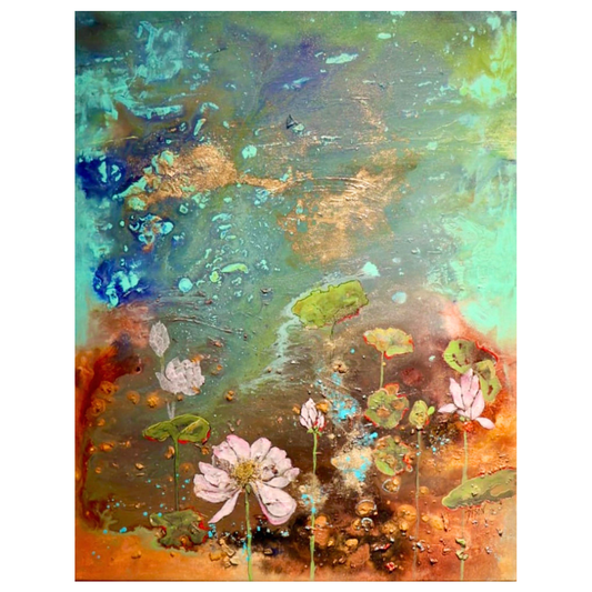 Abstract floral painting featuring pink lotus flowers and green leaves over a textured background of teal, brown, orange, and blue tones.