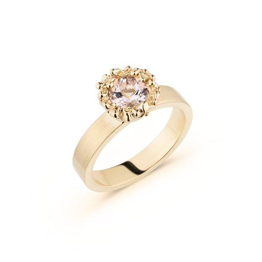 Gold ring with a diamond on a white background