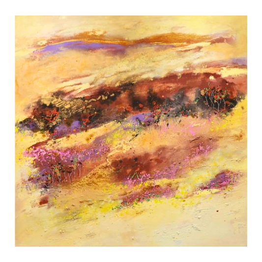 An abstract landscape painting featuring textured brushstrokes of yellow, beige, brown, and purple, depicting rolling hills and wildflowers.