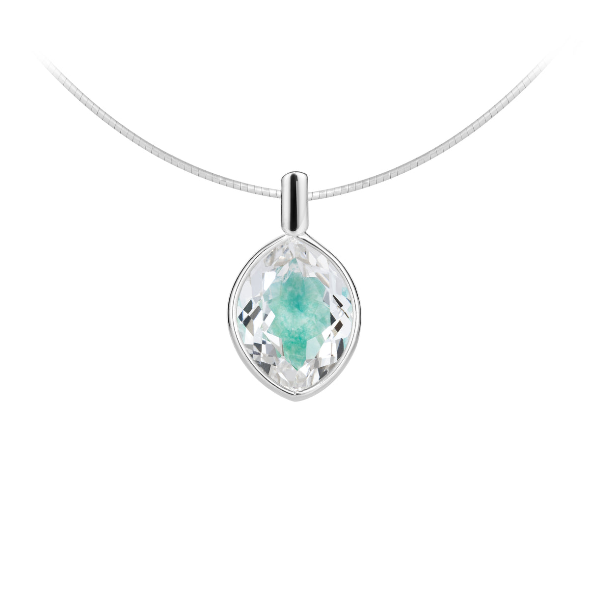 Teardrop-shaped pendant with green gemstone on a white background