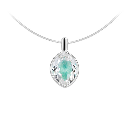 Teardrop-shaped pendant with green gemstone on a white background